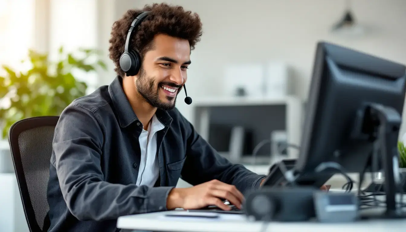 Ein Mann sitzend am Tisch vor einem PC