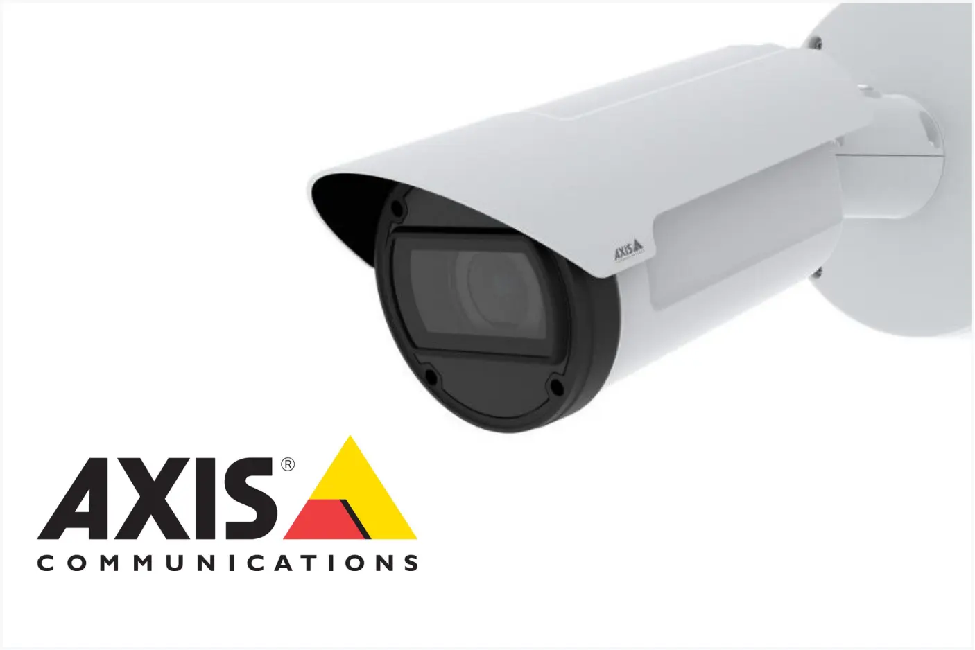 Axis-Kamera in weiss mit Wandhalterung, darunter Logo Axis Commmunications