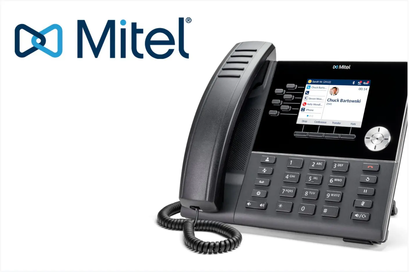 Tischtelefon in schwarz, darüber Logo der Marke Mitel