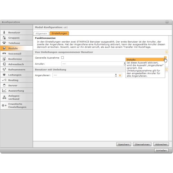 Modul "Umleitungsausnahme"